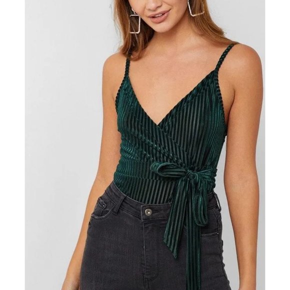 F21 Green Velvet Stripe Bodysuit - Picture 1 of 8